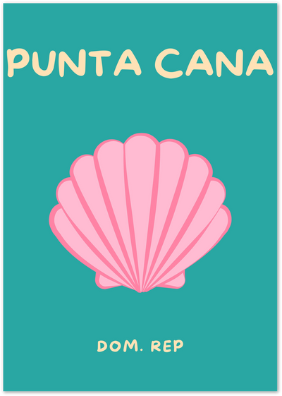 Punta Cana poster with a pink scallop shell illustration on a teal background