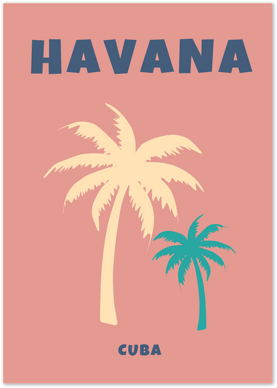 Havana Cuba poster with cream and teal palm trees on a coral pink background