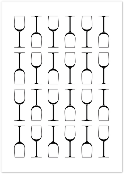 Black and white repeating pattern of wine glass silhouettes in a grid layout