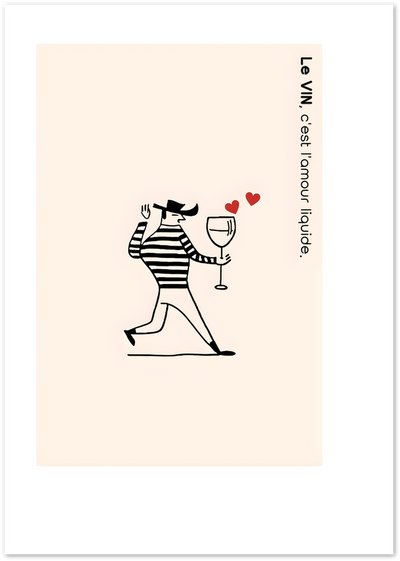 Illustration of a striped-shirt man in a beret carrying a wine glass with hearts and French text