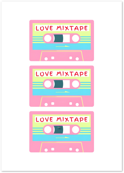 Three pink retro cassette tapes labelled Love Mixtape in red handwritten text on white background