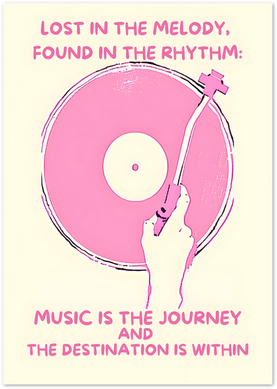Pink vinyl record poster with hand placing needle and music quote typography