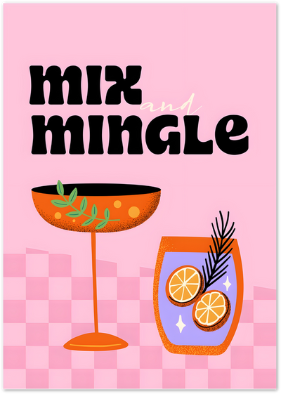 Retro Mix and Mingle poster with two cocktail glasses and citrus garnish on pink checkered background