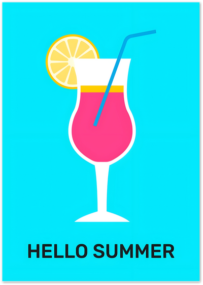Illustration of a pink cocktail with lemon slice and straw, text reads Hello Summer