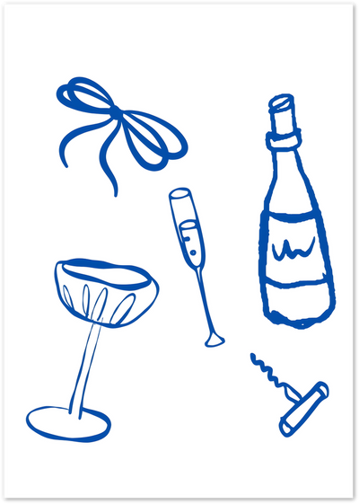 Blue line-art illustration of a champagne bottle, coupe, flute, corkscrew and bow on white background