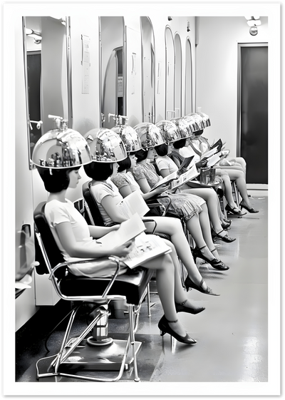 Black-and-white photo of women under vintage dome hair dryers reading magazines in a salon
