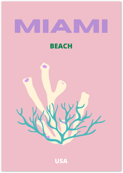 Miami Beach poster with cream and teal coral illustration on a pink background