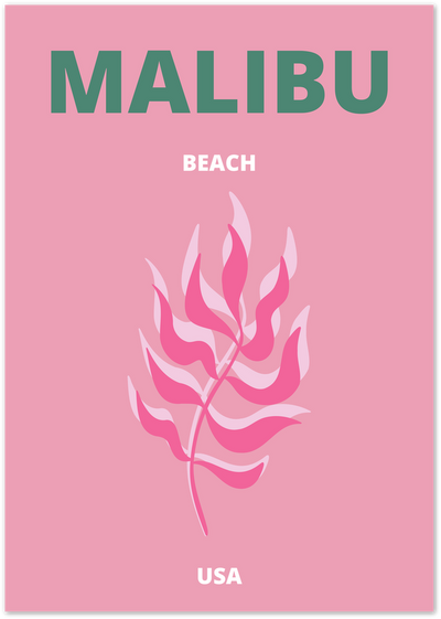 Pink Malibu Beach poster with green typography and stylised pink leaf illustration