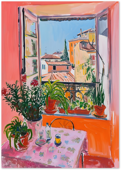 Colourful painting of an open window overlooking Mediterranean rooftops with potted plants