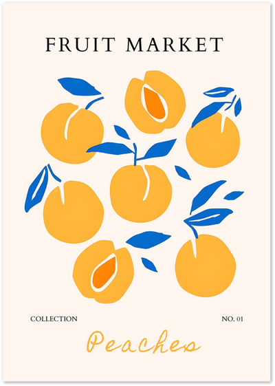 Illustrated poster of whole and halved peaches with blue leaves and Fruit Market text