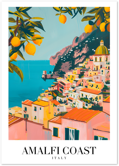 Illustrated poster of Amalfi Coast Italy with pastel houses, sea view and lemon tree branches