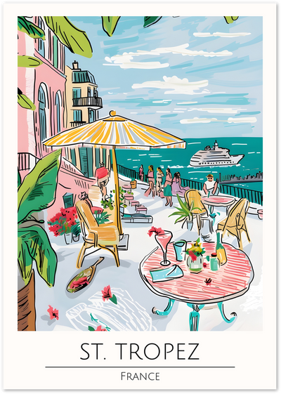 Illustrated poster of a St. Tropez cafe terrace with umbrella, cocktail table, palms and sea view