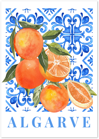 Watercolour oranges and leaves on a blue Portuguese tile pattern with Algarve text below