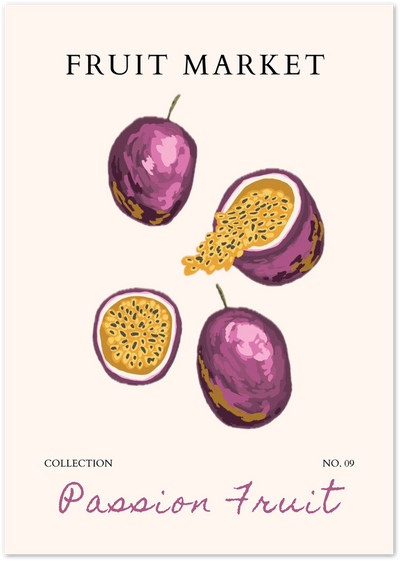 Illustration of whole and halved passion fruits with orange pulp on cream background