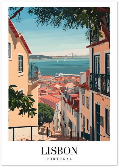 Illustrated Lisbon street scene with terracotta rooftops and the Tagus River in the background