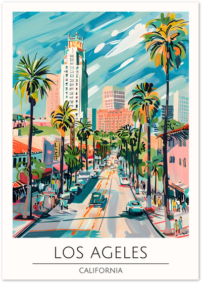 Illustrated poster of downtown Los Angeles street with palm trees, cars and City Hall tower