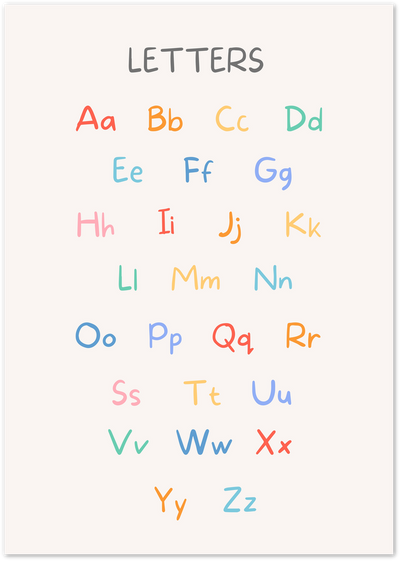 Colourful hand-drawn alphabet poster showing letters Aa to Zz on a cream background