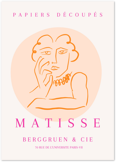 Orange line-art portrait of a woman on peach circle with Matisse exhibition typography