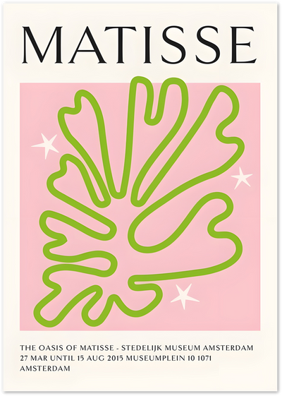 Matisse exhibition poster with green leaf cut-out shape on pink background and white stars