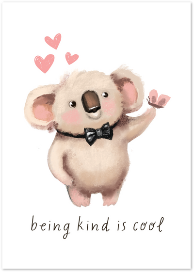 Illustration of a beige koala with bow tie, pink hearts and butterfly, quote being kind is cool