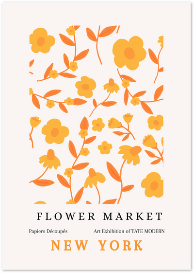 Yellow and orange flower market poster with floral pattern and New York typography