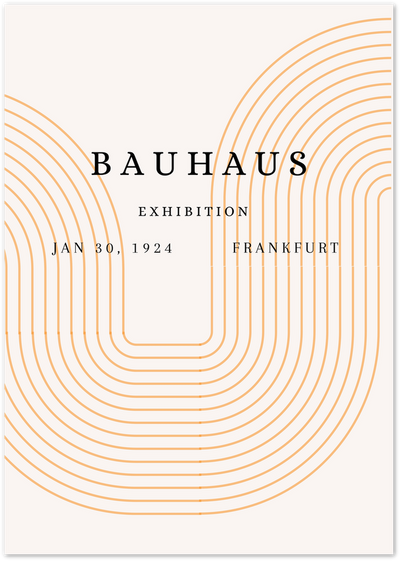 Bauhaus exhibition poster with bold black text and orange concentric arch lines on cream background