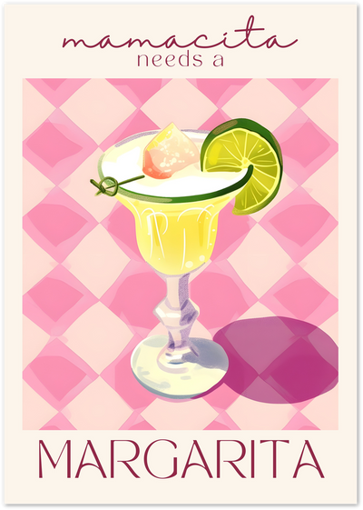 Illustrated margarita cocktail with lime and grapefruit garnish on pink checkerboard background