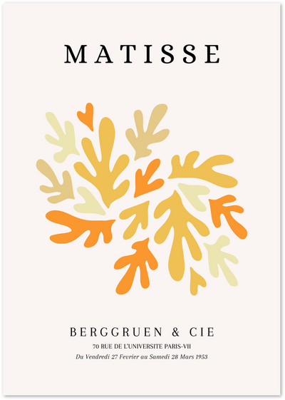 Matisse-style exhibition poster with orange and mustard leaf cut-out shapes on cream background