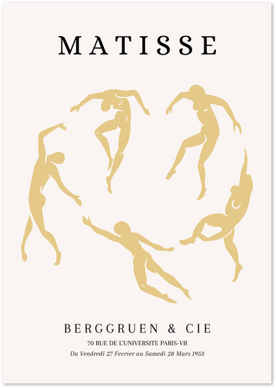 Matisse exhibition poster with gold silhouettes of dancing figures in a circle