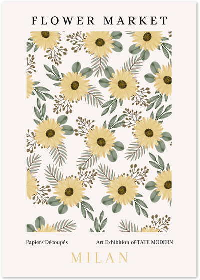 Poster with repeating yellow daisy pattern, green leaves, and Flower Market Milan text