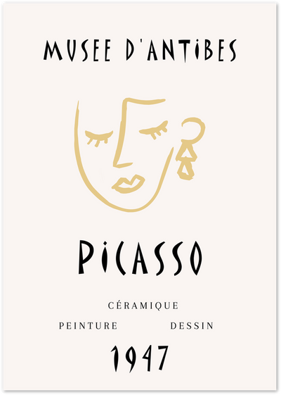 Exhibition poster with gold abstract line drawing of a face and black Picasso 1947 typography