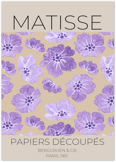 Poster with purple floral pattern in Matisse papiers découpés style on beige background