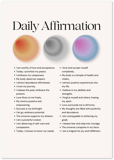 Daily Affirmation poster with orange, gray and blue orbs and positive quote text