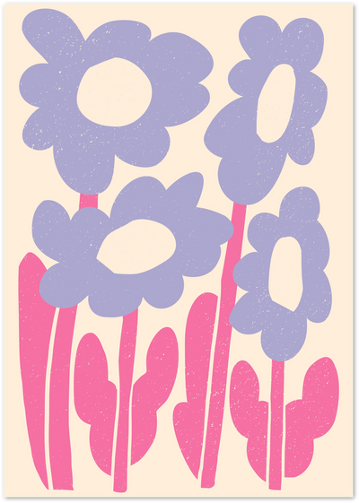Illustration of four purple retro flowers with pink stems and leaves on cream background