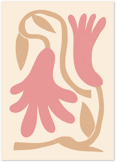 Abstract poster with pink hand-like shapes and beige ribbon lines on a cream background