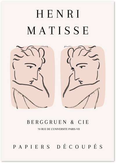 Henri Matisse exhibition poster with mirrored line-art face sketches on blush panels