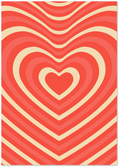Retro poster with concentric heart shapes in red and beige creating a tunnel effect
