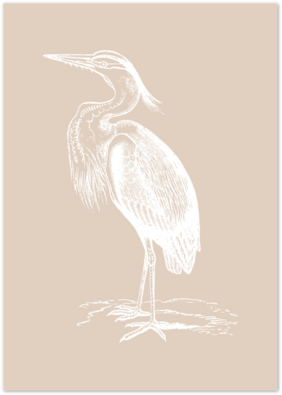 White line illustration of a standing heron on a beige background