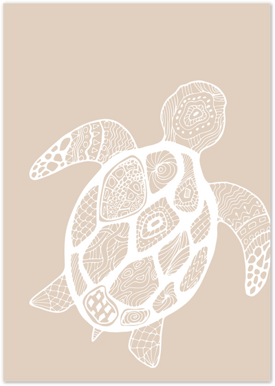 Sea turtle illustration with mandala patterns in white on beige background