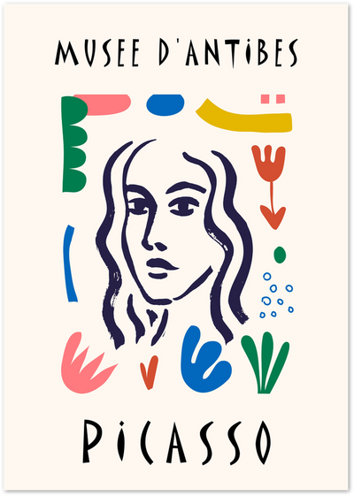 Poster with abstract shapes and a line-drawn female face, Musee d'Antibes and Picasso text