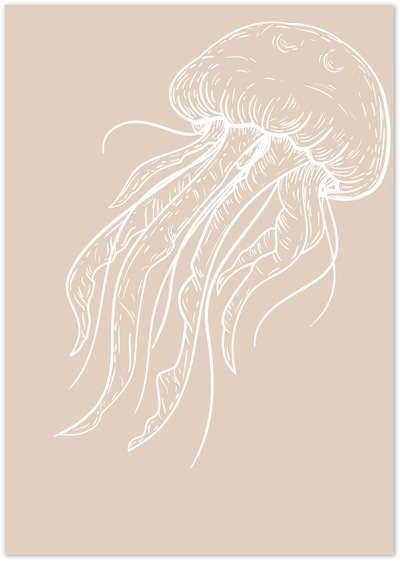 Line art illustration of a jellyfish with flowing tentacles on a beige background