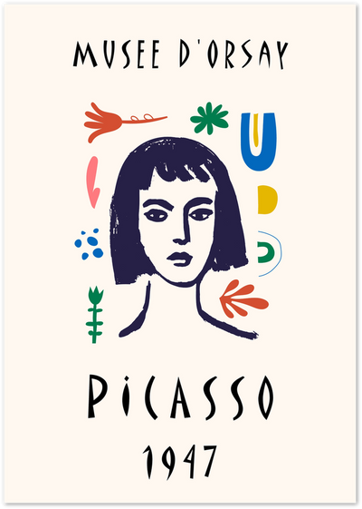Picasso 1947 Musee d'Orsay exhibition poster with abstract navy portrait and colourful shapes