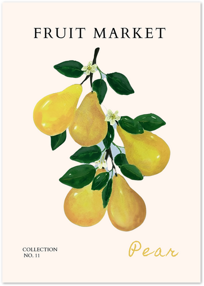 Illustrated poster of yellow pears on a branch with leaves and blossoms, titled Fruit Market