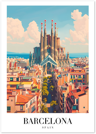 Illustrated poster of Barcelona showing the Sagrada Familia towers above the city rooftops
