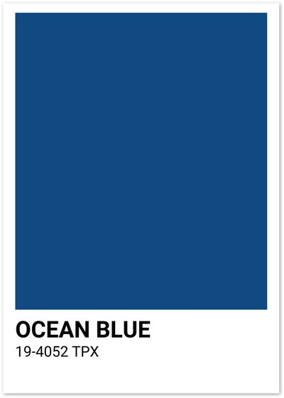 Poster showing a solid ocean blue rectangle labelled Ocean Blue 19-4052 TPX, colour swatch style