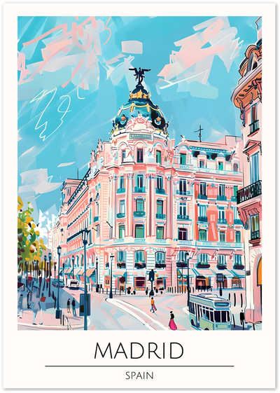 Illustrated poster of the Metropolis Building in Madrid, Spain, with street scene below