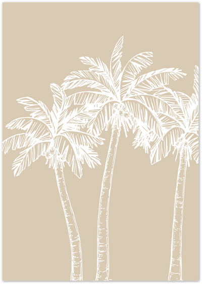 Line art illustration of three coconut palm trees in white on a beige background