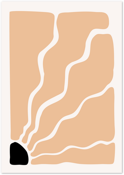 Abstract poster with beige shapes, wavy cream lines and a black accent form