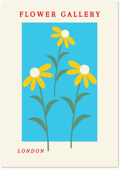 Illustrated poster of three yellow daisies on blue background with Flower Gallery London text