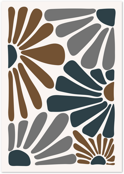 Abstract poster with sunburst petal shapes in brown, slate blue and gray on cream background
